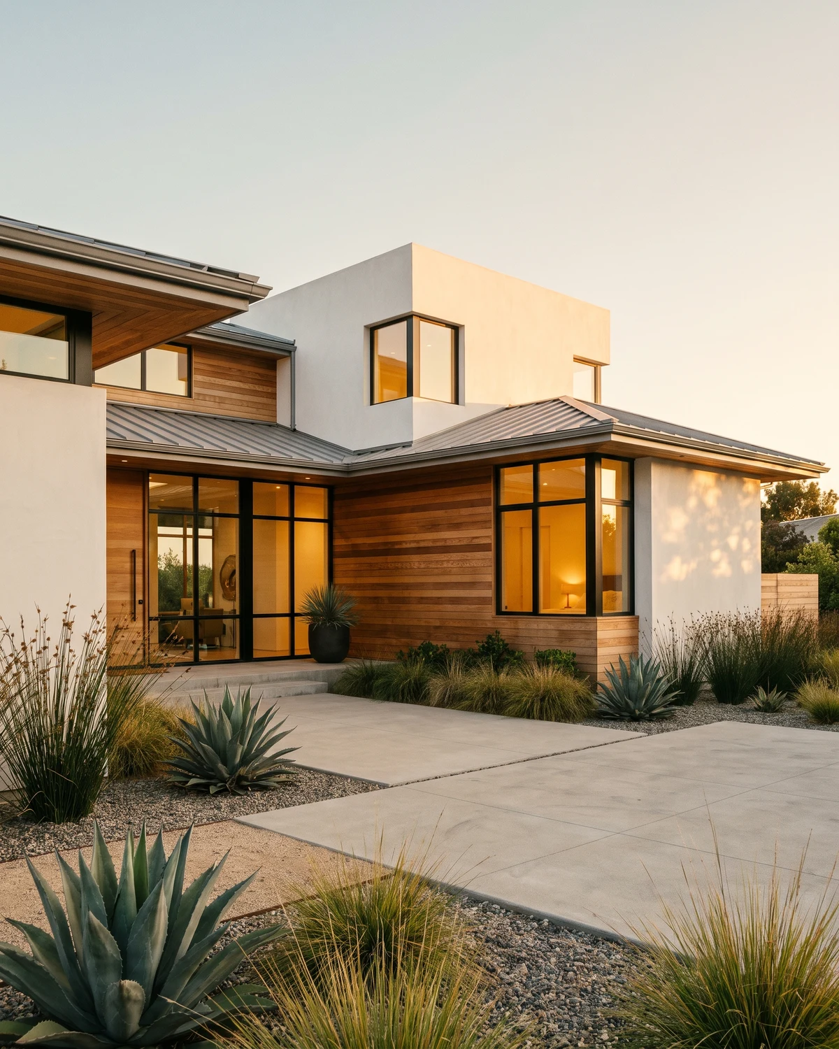 Golden-hour entry and garden of a Southern California home