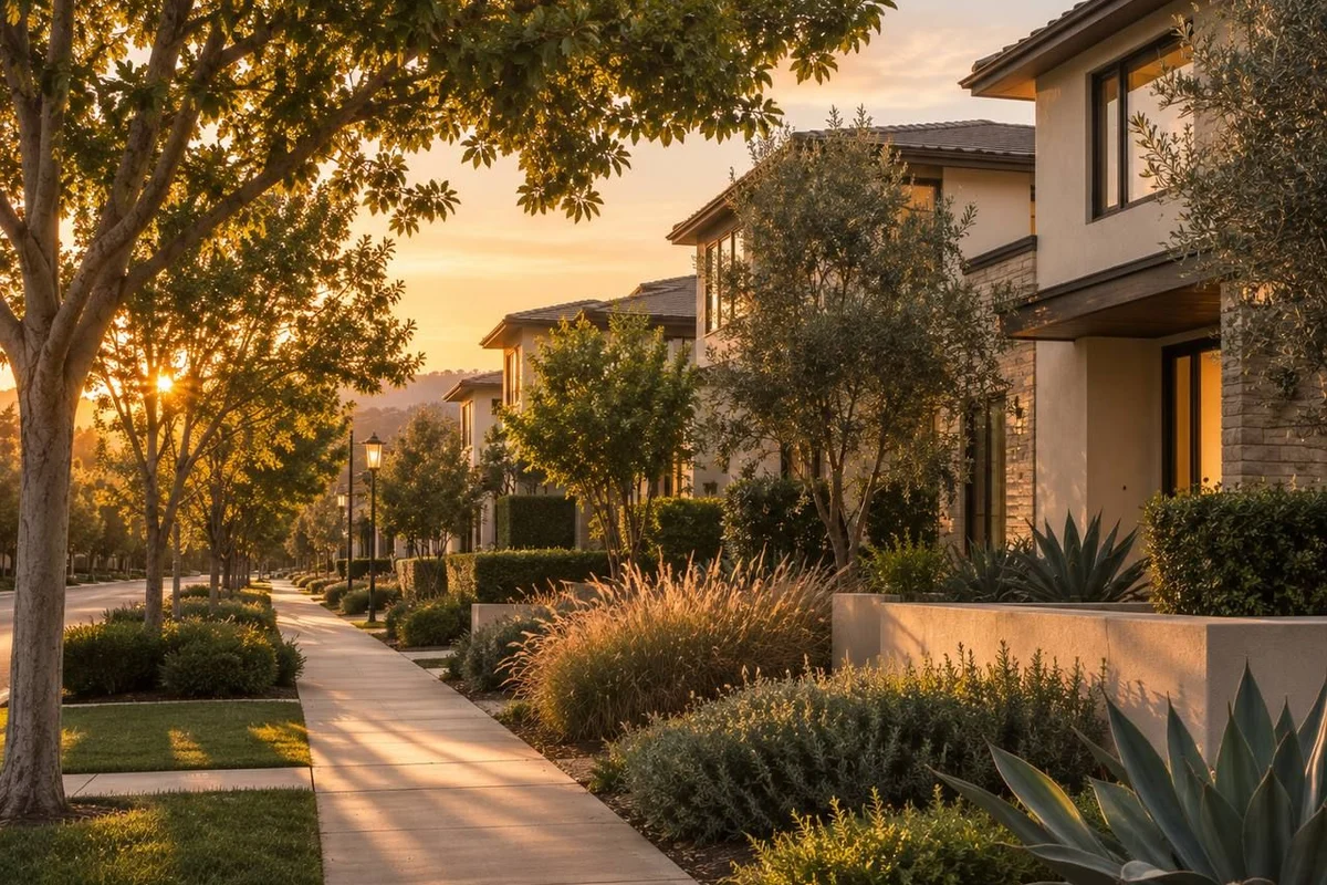 Tree-lined residential street with landscaped sidewalks
