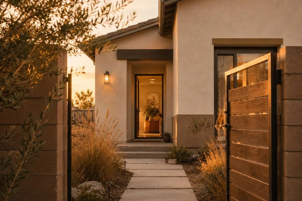 Modern residential entry framed by olive trees