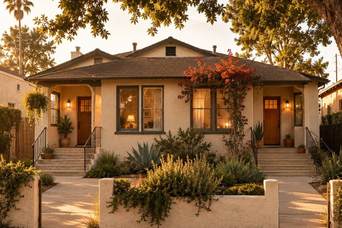 Tree-lined duplex in warm late-afternoon light