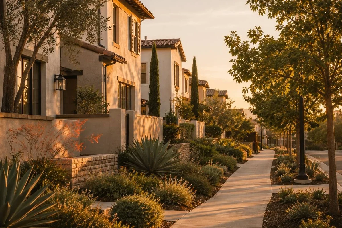 Landscaped residential street with attached homes
