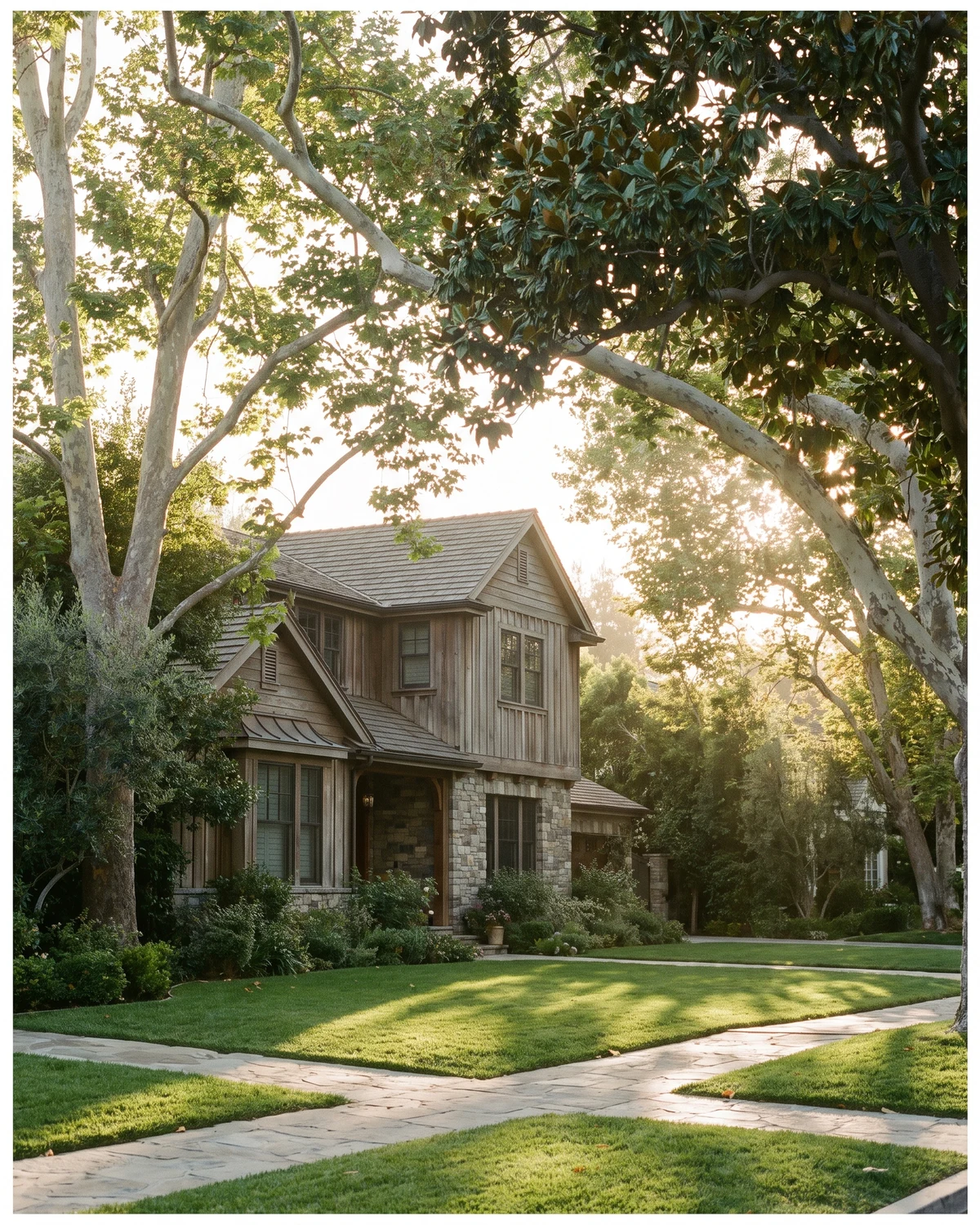 Craftsman-style home beneath mature shade trees