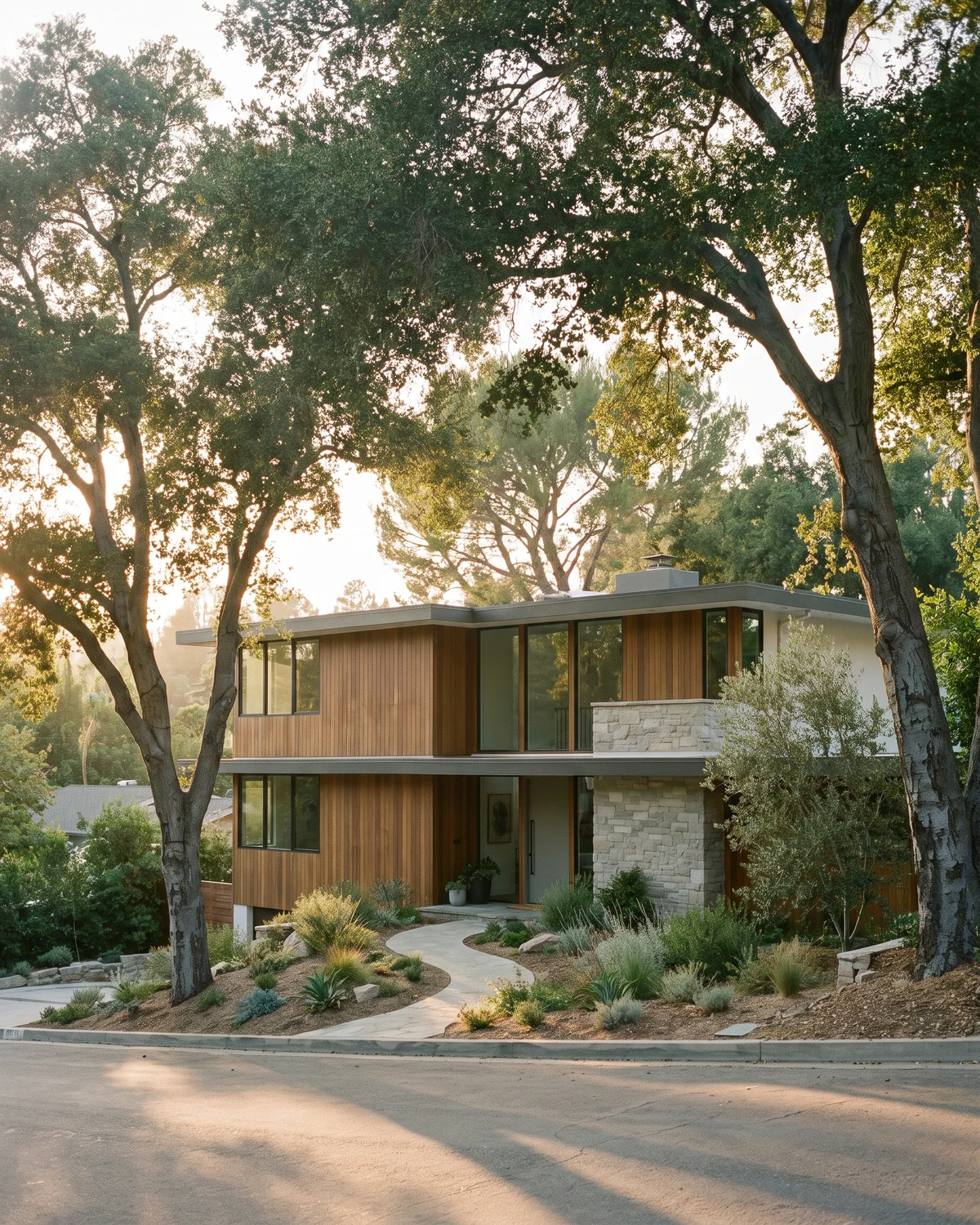 Modern Woodland Hills home on a sloped tree-lined street