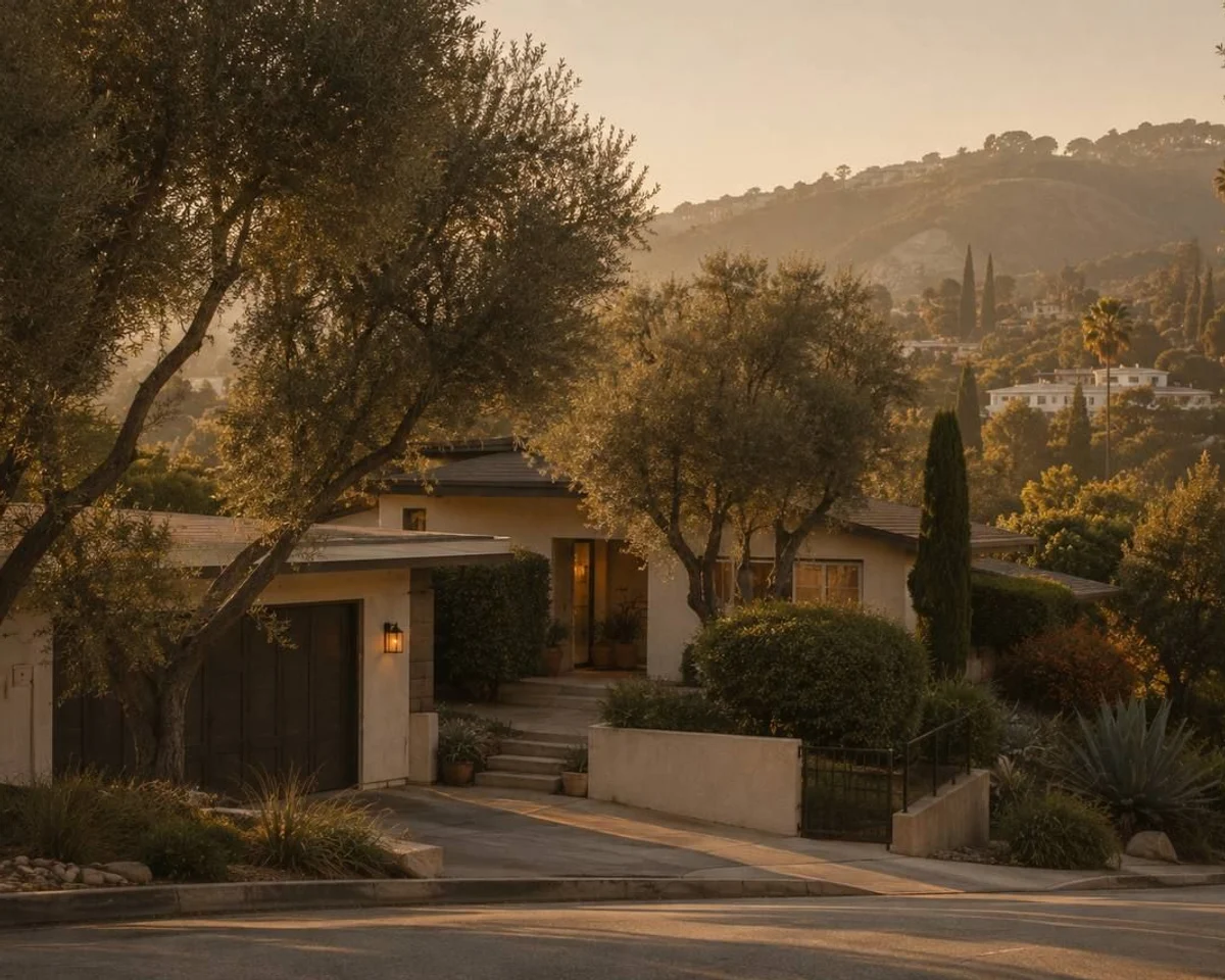 Residential rooflines in late-afternoon light