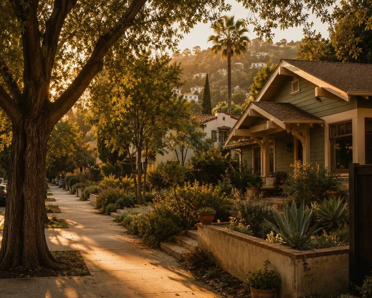 Layered Southern California neighborhood beneath a ridge